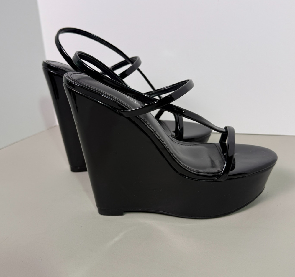 ShoeDazzle Kendra Black Patent Strappy Platform Wedge Sandals Heels Sz 8 NIB